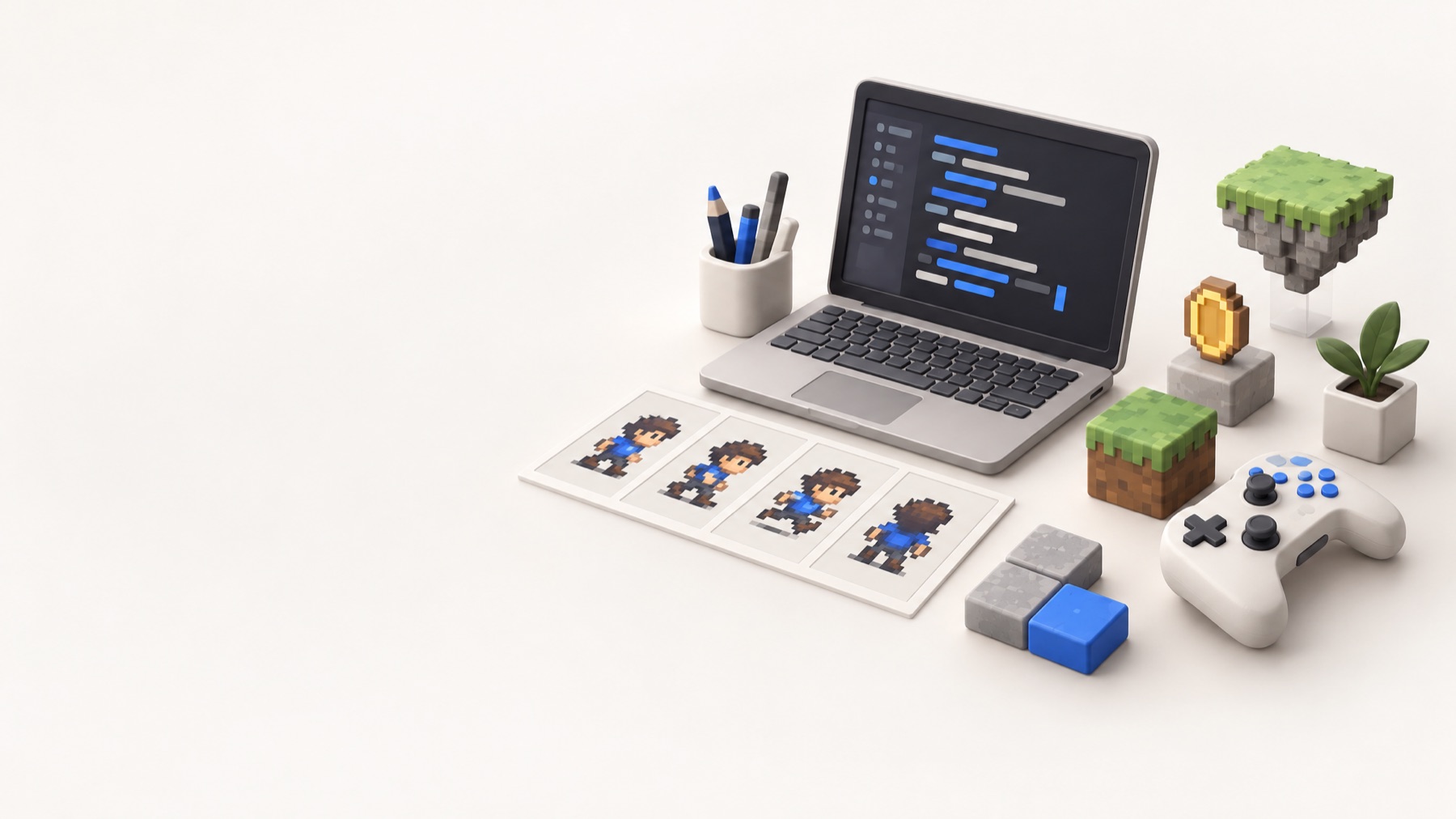 A laptop with code, a pixel-art sprite sheet and game blocks on a desk